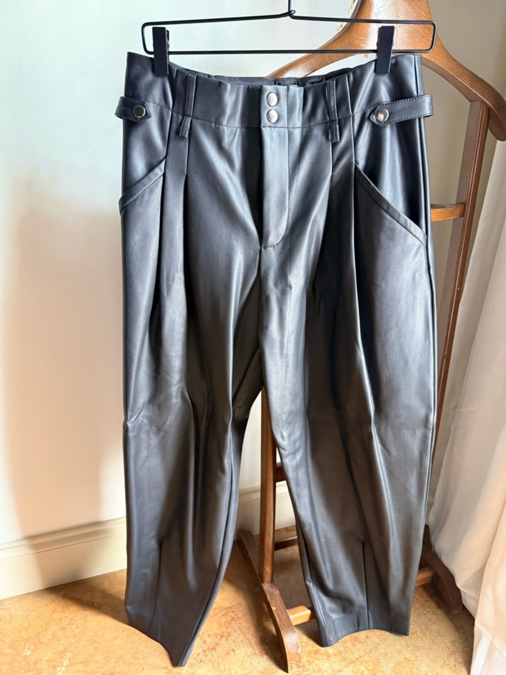 Anthropologie Black Faux Leather High-Rise Pleated Pants
